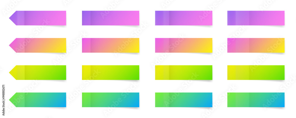 Set of long thin paper stickers. Pointed bookmarks. Stick in notes. Yellow, green purple, pink and blue gradient colors. Multicolor post it notes. Sheets of paper. Tag, sticky note.
Set of long thin paper stickers. Pointed bookmarks. Stick in notes. Yellow, green purple, pink and blue gradient colors. Multicolor post it notes. Sheets of paper. Tag, sticky note.