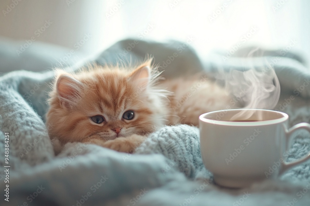 Fototapeta premium Cozy Cat and Coffee: Warm Home Comforts with a Fluffy Kitten