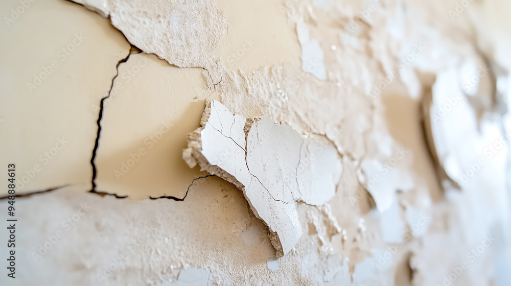 Closeup of a cracked wall in a residential home, highlighting structural damage and the need for repair, home damage, structural issues Closeup of a cracked wall in a residential home, highlighting structural damage and the need for repair, home damage, structural issues