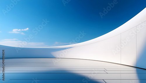 minimalist, modern architectural scene with a simple curved wall on the right side