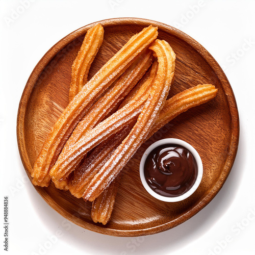 top view of churros on a wooden plate. With chocolate sauce in a small bowl. Isolated on white background. photo