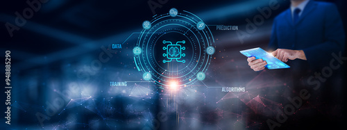 Machine Learning: Businessman using tablet analyzing machine learning record on tablet. Digital analytics and network connection on modern virtual screen interface, algorithms, technology and network. photo