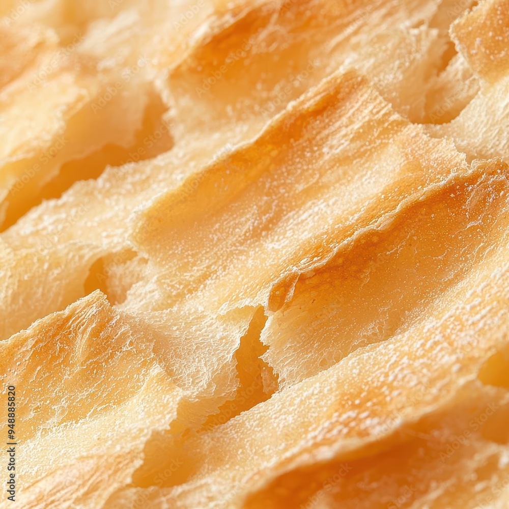 Obraz premium A detailed view of a freshly baked bread crust showcases its macro details and rich, golden texture.