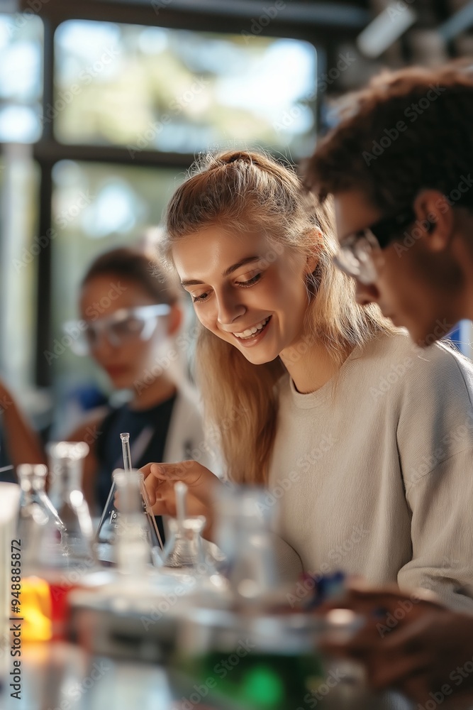 A woman is smiling at a man while they are both looking at a table full of scientific equipment A woman is smiling at a man while they are both looking at a table full of scientific equipment