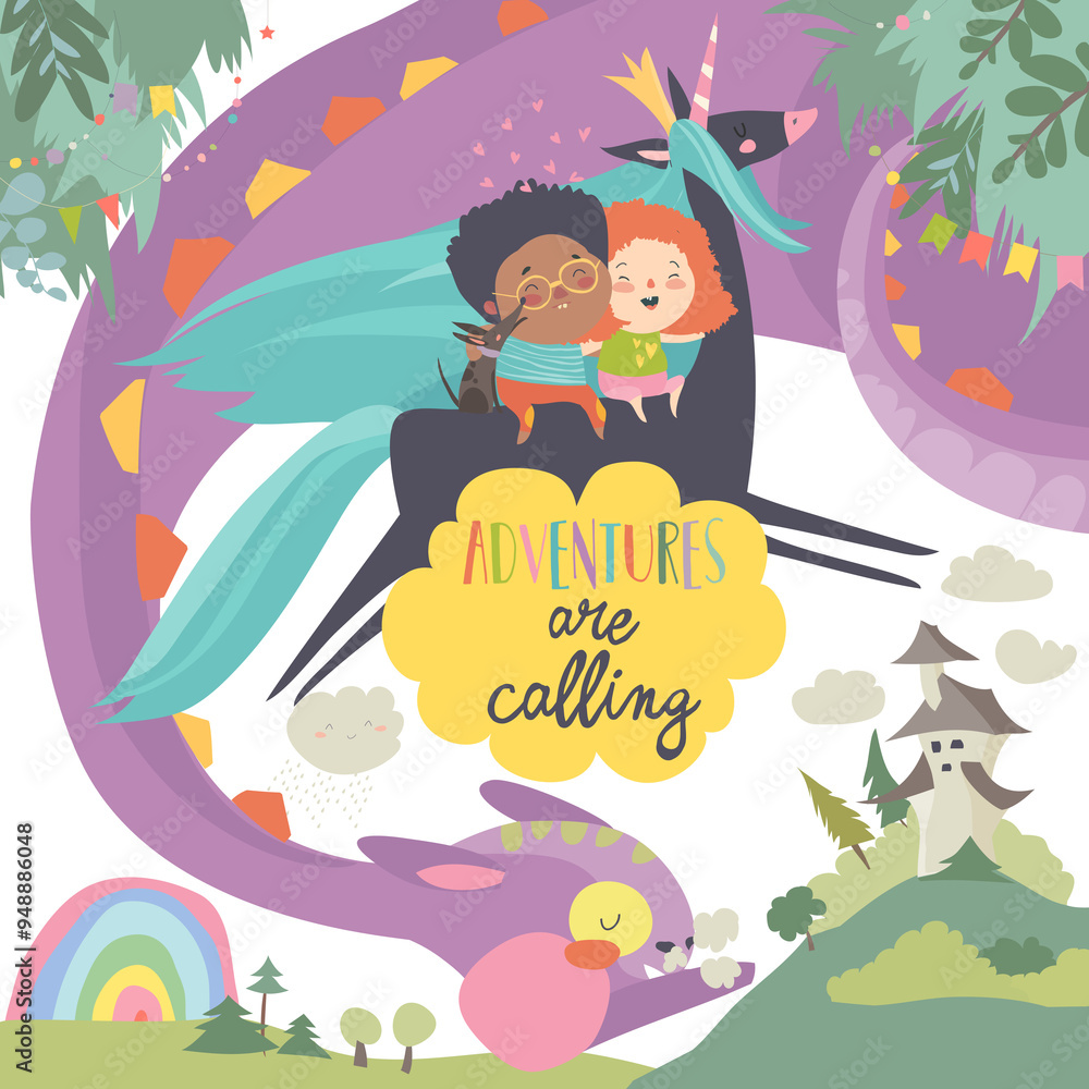 Naklejka premium Happy children,dragon and unicorn. Adventures are calling