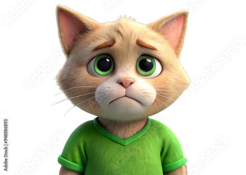 Feeling sad, upset, unlucky, fulfailled cartoon cat wearing green t-shirt isolated, PNG. People feelings expression