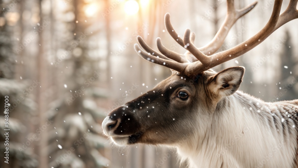 Reindeer with majestic expression in snowy forest during golden hour