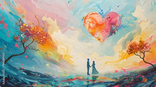 Couple Standing Beneath a Heart Shaped Cloud in a Colorful Dreamlike Landscape photo