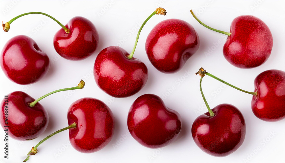 Red Cherry fresh berry pattern from flat view isolated on white background. Red Cherry fresh berry pattern from flat view isolated on white background.