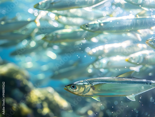 A group of sleek silver barracudas swimming together, creating a beautiful shimmer in the sunlight.