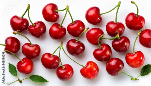 Red Cherry fresh berry pattern from flat view isolated on white background.