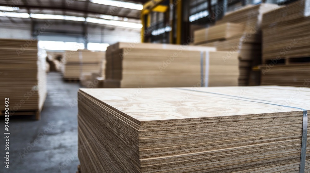Plywood Sheets Stacked in a Warehouse Plywood Sheets Stacked in a Warehouse