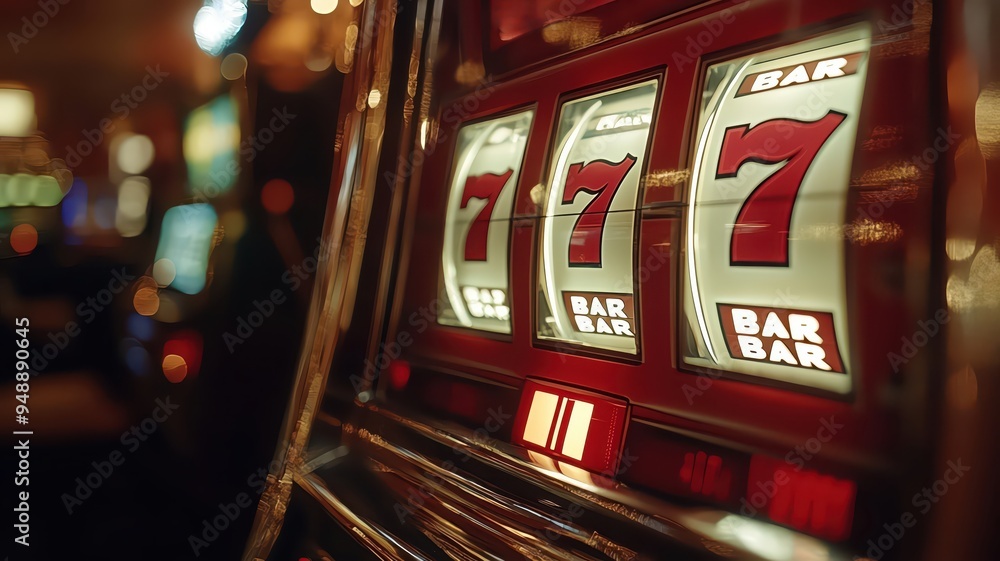 Close-up of a slot machine with three sevens showing, suggesting a jackpot win. Close-up of a slot machine with three sevens showing, suggesting a jackpot win.