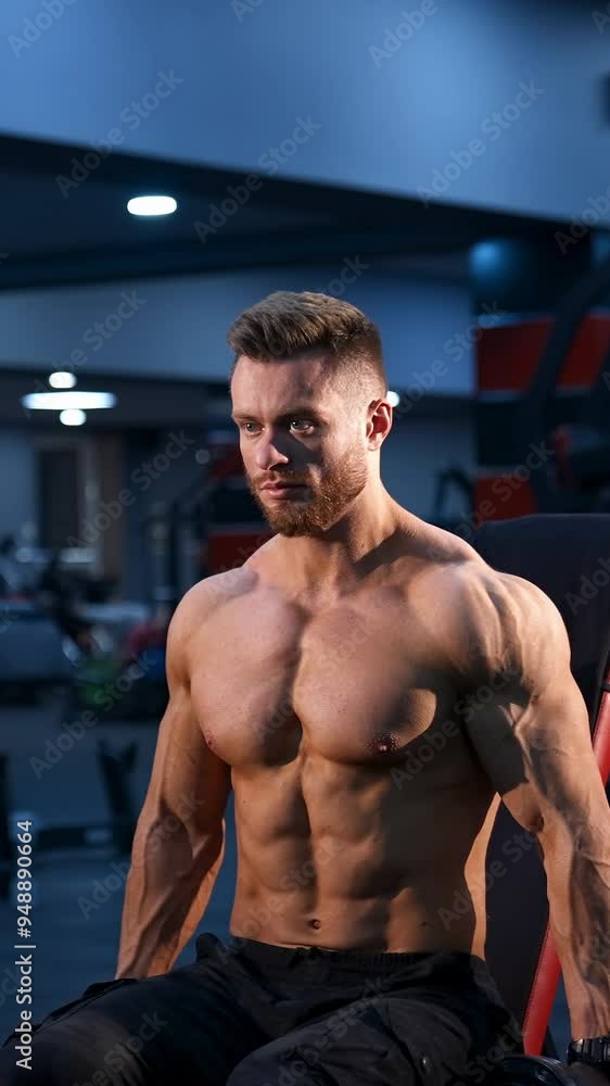 Handsome power athletic man bodybuilder doing exercises with dumbbells. Fitness muscular body on dark gym background. Vertical video