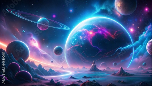 Cosmic Stars and Planets Digital Art with Neon Light and Detailed Constellations