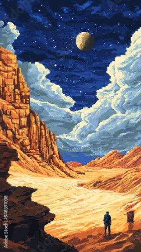 A lone figure stands in a desert valley gazing at a moonlit sky.