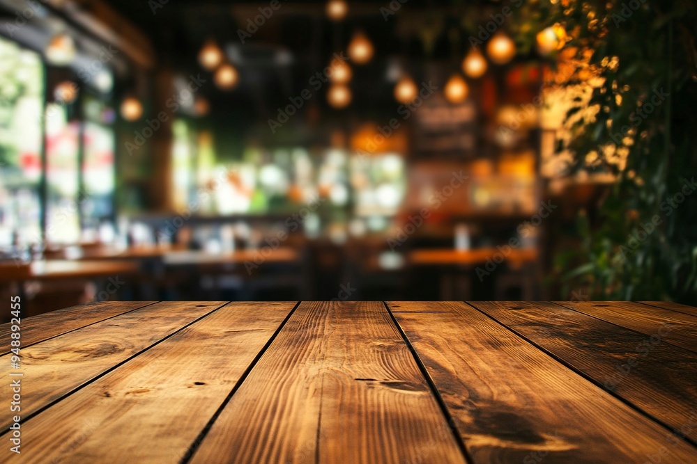 The empty wooden table top with blur background of restaurant. Exuberant image. generative ai The empty wooden table top with blur background of restaurant. Exuberant image. generative ai