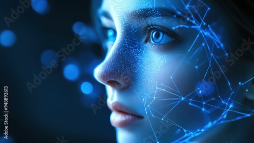 Woman's face with glowing geometric lines, futuristic concept.