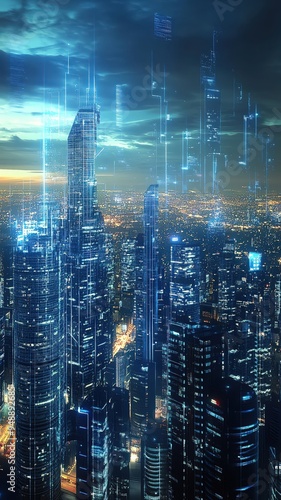 Futuristic cityscape with glowing digital lines, symbolizing technological advancement.