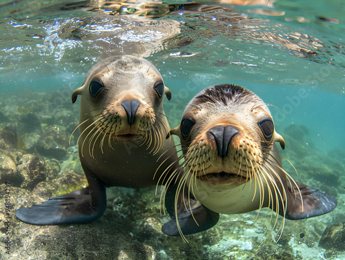 Parental supervision as a sea lion pup practices swimming in the ocean, surrounded by love.