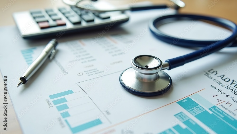 Stethoscope on medical bills with calculator and pen for financial analysis Stethoscope on medical bills with calculator and pen for financial analysis