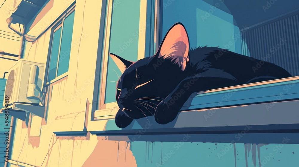Obraz premium The black cat sleeps peacefully on the windowsill in a bright, stylized urban environment. Cartoon scene