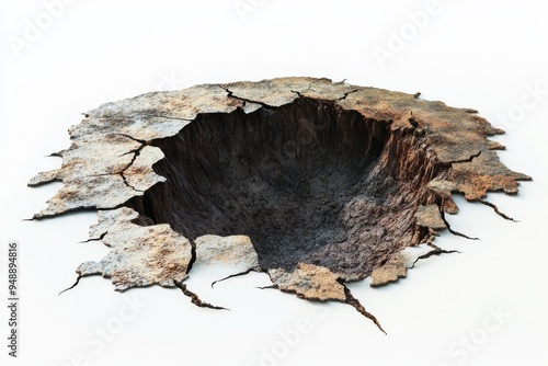 Illustration of a sinkhole depicting the floor caving in. Floor caving inwards with cracks isolated on a white background.