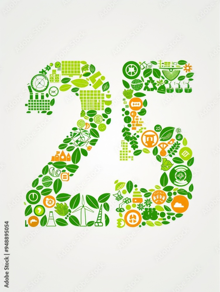 Mosaic Logo Design for Renewable Energy, vibrant tiny icons of solar cells, wind turbines, green leaves forming the number 25, bold futuristic font, solid green and orange colors, white background Mosaic Logo Design for Renewable Energy, vibrant tiny icons of solar cells, wind turbines, green leaves forming the number 25, bold futuristic font, solid green and orange colors, white background