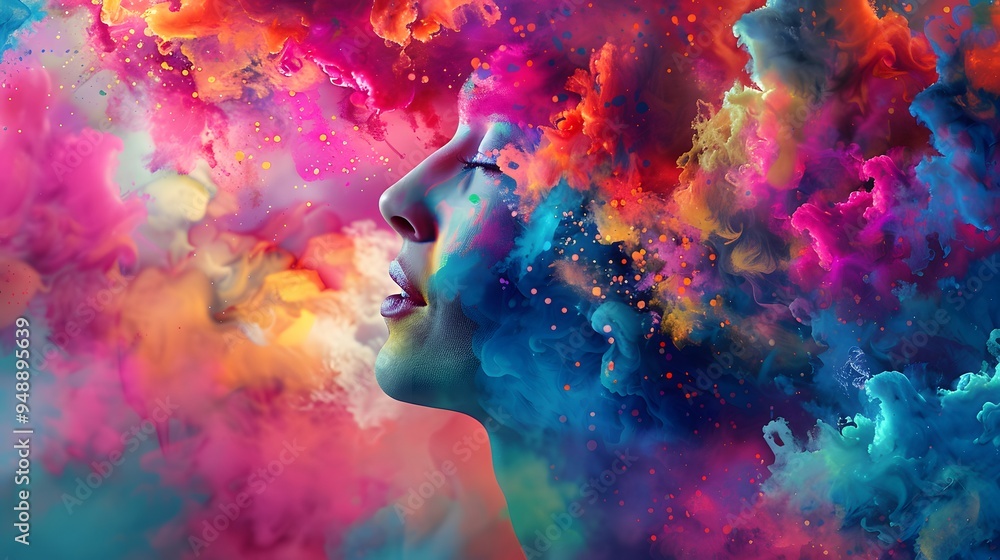 Woman Emerging From Colorful Smoke Clouds Woman Emerging From Colorful Smoke Clouds