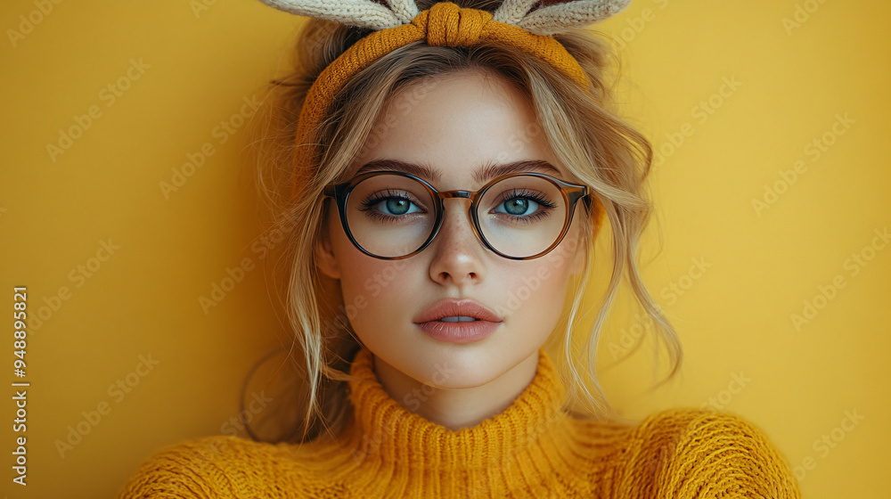 A woman wearing bunny ears headband and glasses on an isolated yellow background, perfect for parties, celebrations, and festive events. A woman wearing bunny ears headband and glasses on an isolated yellow background, perfect for parties, celebrations, and festive events.