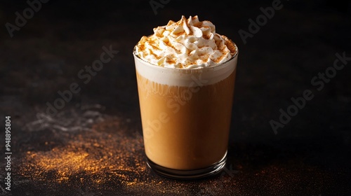 A glass of hot pumpkin spice latte topped with whipped cream and a sprinkle of nutmeg, on a deep black background with subtle orange highlights