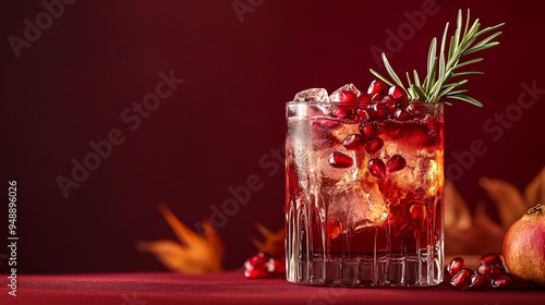 A glass of pomegranate and rosemary cocktail, set against a deep burgundy background with warm autumn colors photo