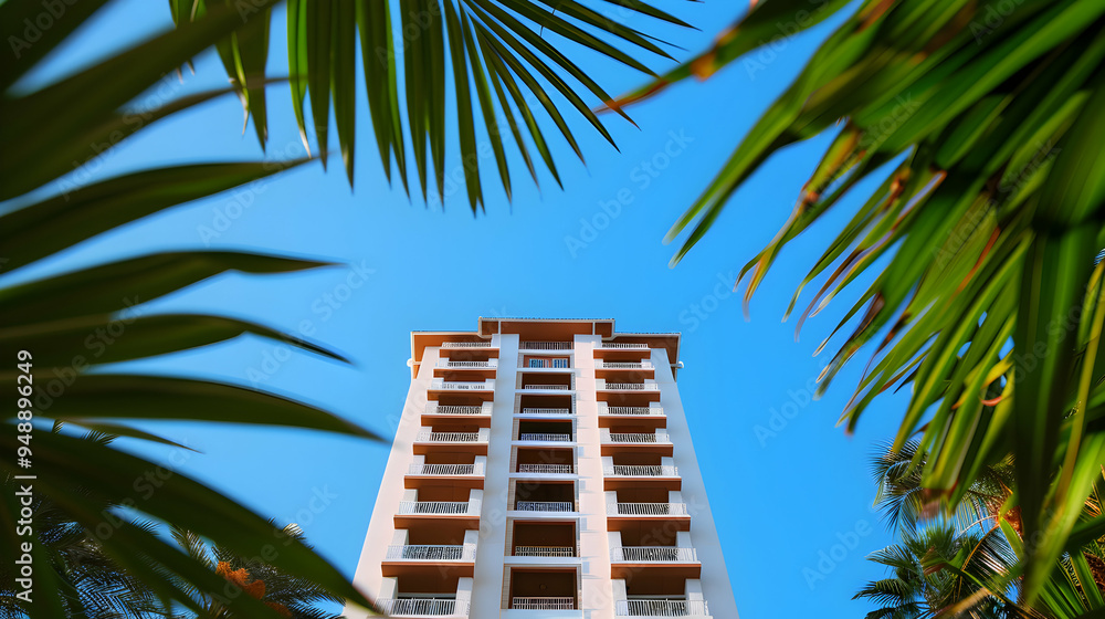 Fototapeta premium Tall White Building With Balconies The Top