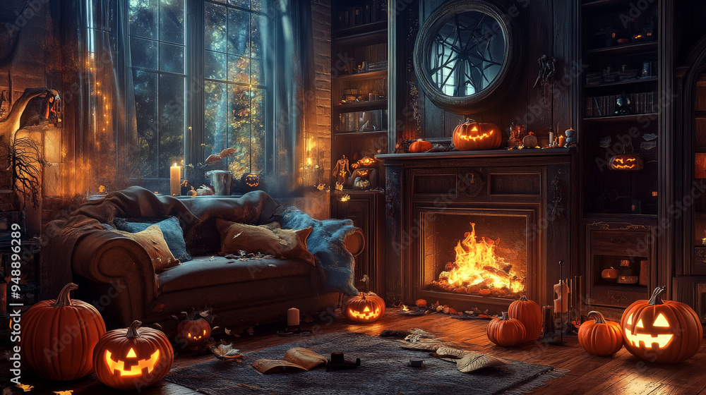 Crackling fireplace in a Halloween-themed living room
Crackling fireplace in a Halloween-themed living room