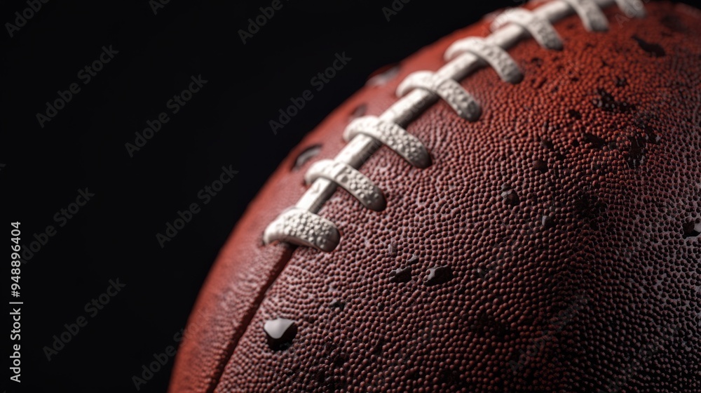 A macro shot of an American football, highlighting its textured surface and precise stitching. The ball's rugged details stand out against the stark black background, creating a bold contrast. A macro shot of an American football, highlighting its textured surface and precise stitching. The ball's rugged details stand out against the stark black background, creating a bold contrast.