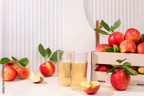 Apple cider, juice or fermented drink and fresh apples on a sunny table. Autumn banner. Diet and weight loss concept. Healthy eating, body detoxification, apples help cleanse the body.