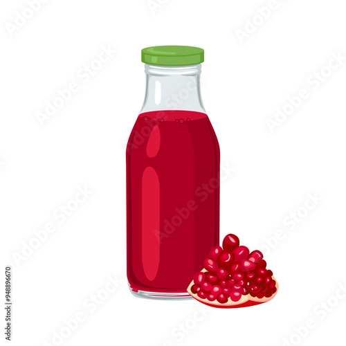 Pomegranate juice in bottle and piece of pomegranate fruit isolated on white background. Vector cartoon illustration of fresh fruit drink.