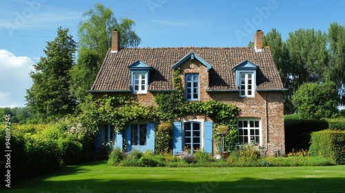 French Provincial Home. Traditional Country House in Holland Province with Blue and Green Garden