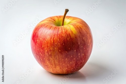 A vibrant red apple sits on a smooth white surface, showcasing its shiny skin and natural texture