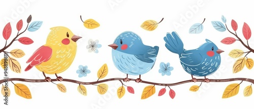 Four vibrant, cartoon-style birds perched on a branch, showcasing diverse colors and expressions.