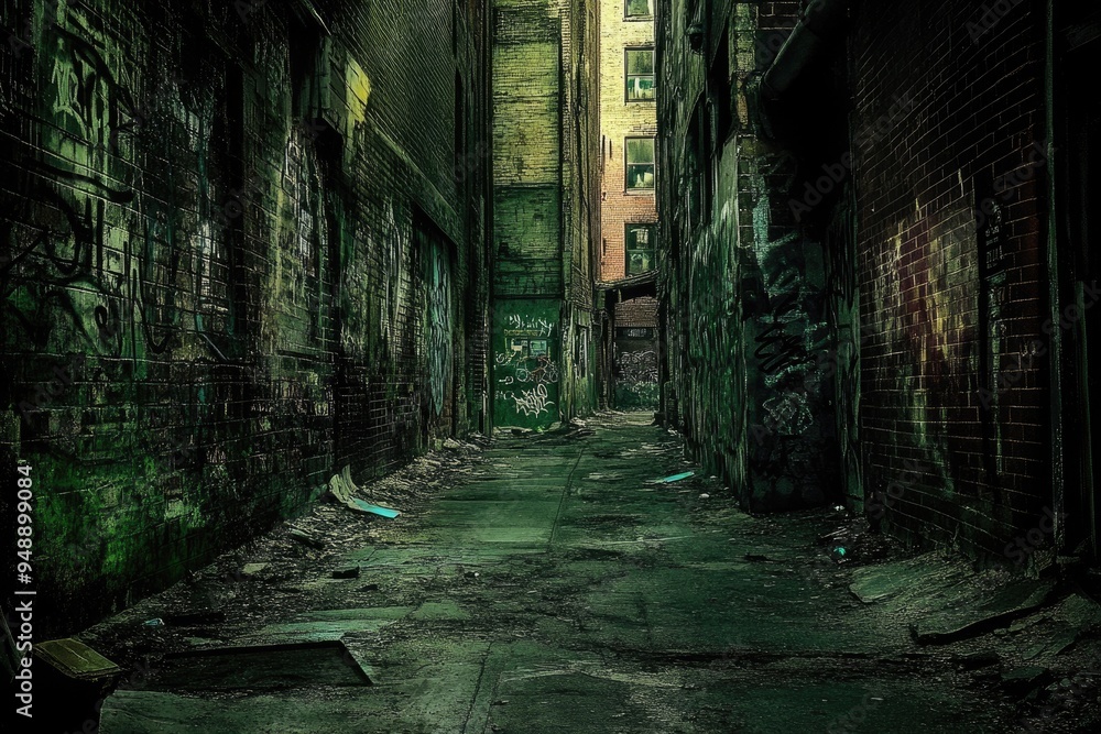 Street Ally Graffiti. Derelict Brick Wall with Grunge Green Background