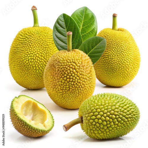 Fresh jackfruit displayed on a white background with green leaves for scale. Generative AI