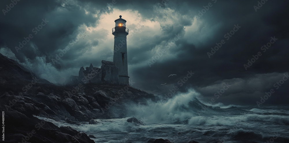 Abandoned lighthouse on a stormy rocky shore
Abandoned lighthouse on a stormy rocky shore
