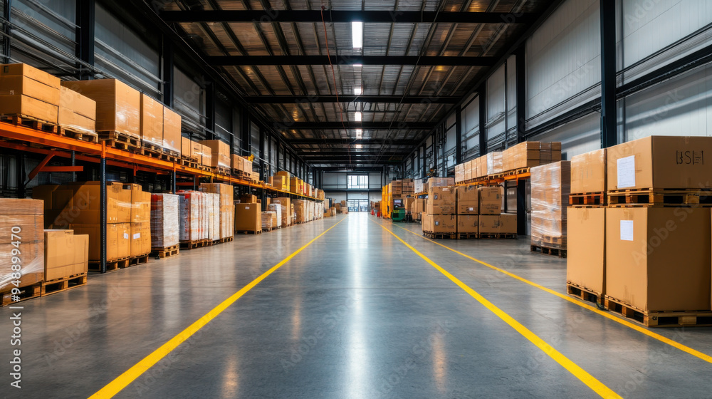 Fototapeta premium Wide-angle view of a spacious, modern warehouse with neatly stacked boxes on pallets, showcasing efficient storage and organization.
