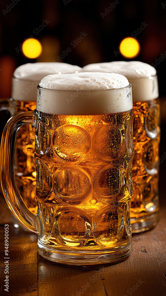 Beer Mugs and Foamy Beer with Lights Beer Mugs and Foamy Beer with Lights