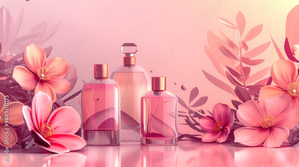 Tender stylish perfume composition, bottles of perfume and flowers, pinkish illustration. Tender stylish perfume composition, bottles of perfume and flowers, pinkish illustration.