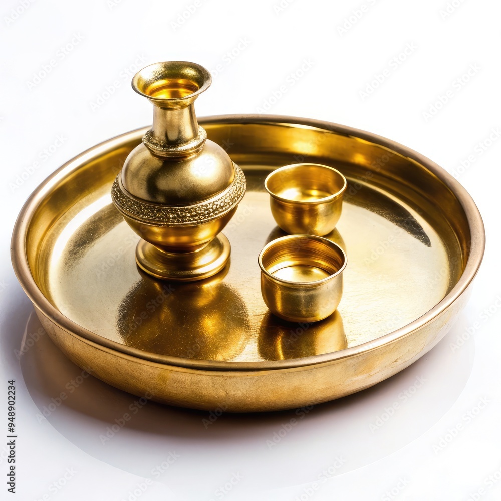Traditional brass plate with decorative pitcher and cups for worship rituals. Generative AI Traditional brass plate with decorative pitcher and cups for worship rituals. Generative AI