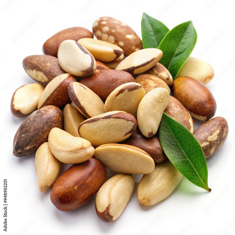 Brazil nuts with green leaves on a white background showcasing natural textures. Generative AI Brazil nuts with green leaves on a white background showcasing natural textures. Generative AI