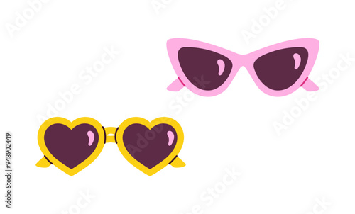 Doll clothes concept. Pink and yellow sunglasses in heart shape. Beauty, elegance and aesthetics. Fantasy and dream. Trendy glasses sticker. Flat vector illustration isolated on white background