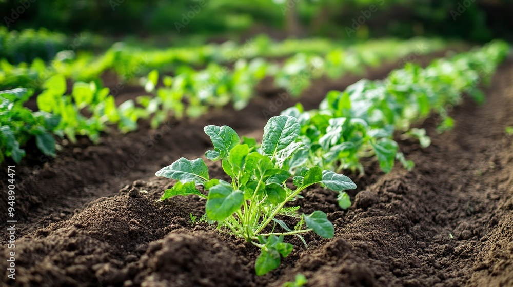 Weeding beds with agricultura plants growing in the garden. Weed control in the garden. Cultivated land close-up. Agricultural work on the plantation.generative ai Weeding beds with agricultura plants growing in the garden. Weed control in the garden. Cultivated land close-up. Agricultural work on the plantation.generative ai